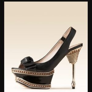 Bebe Women’s Black Slingback Peep-Toe Heels with Bow
